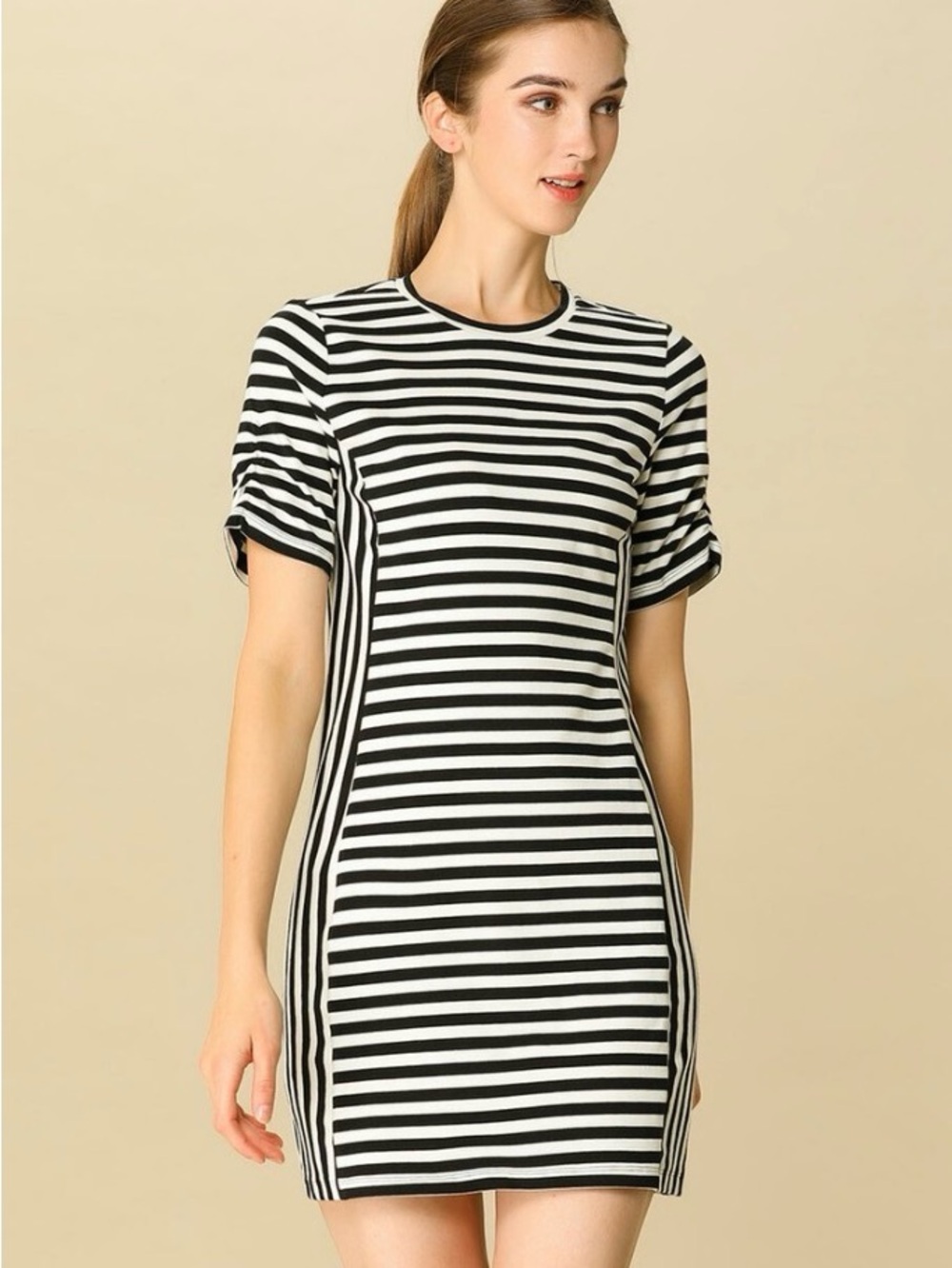 Allegra K Black and White Striped Short Sleeve Shift Dress